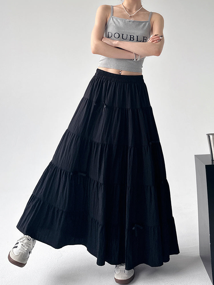 High Waist Retro Loose Bow Temperament Mid-length A- Line Skirt
