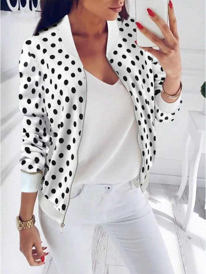 Women's Polka Dot Print Baseball Collar Casual Long Sleeve Jacket