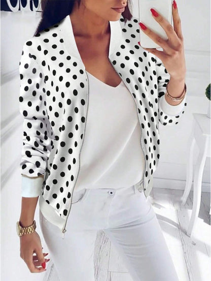 Women's Polka Dot Print Baseball Collar Casual Long Sleeve Jacket