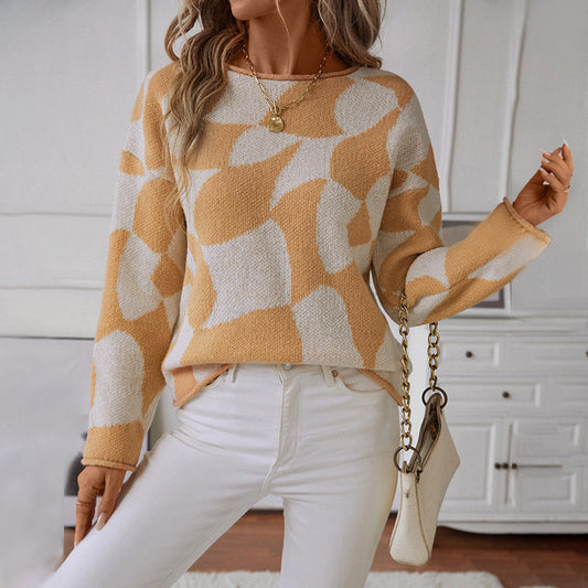 Women's Round Neck Pullover Contrast Color Knitwear Sweater