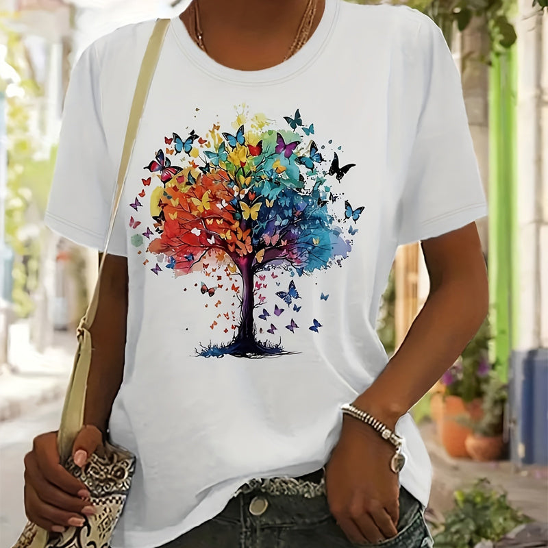 Women's Vibrant Butterfly & Tree Graphic T-Shirt - Breathable Round Neck Short Sleeve Tee, Soft Casual Summer Top