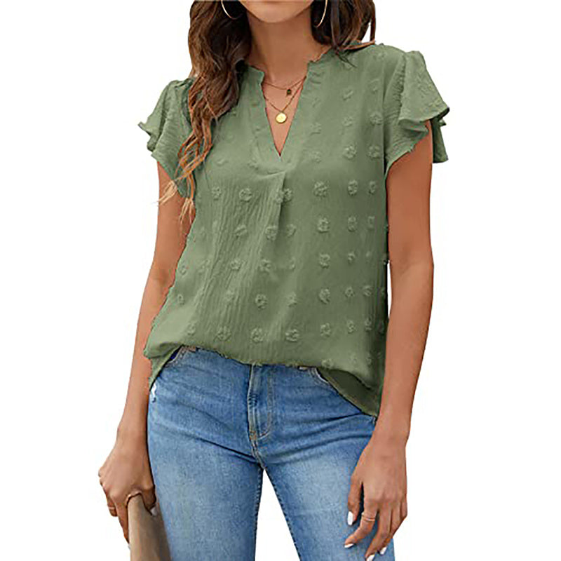 Women's Summer V Neck Ruffle Short Sleeve Blouse Business Office Casual Top Shirts