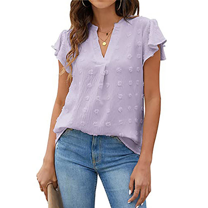 Women's Summer V Neck Ruffle Short Sleeve Blouse Business Office Casual Top Shirts