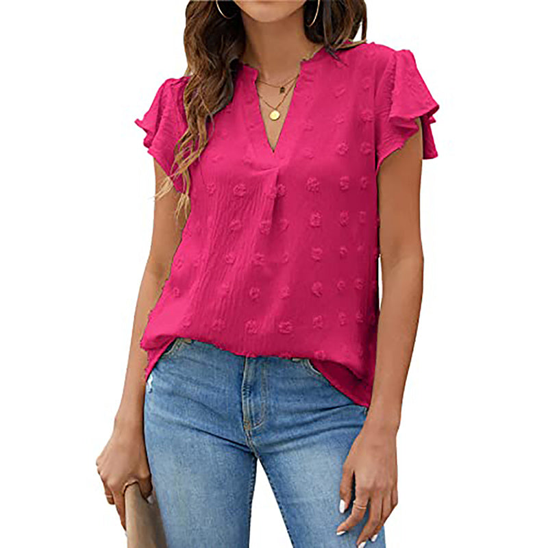 Women's Summer V Neck Ruffle Short Sleeve Blouse Business Office Casual Top Shirts