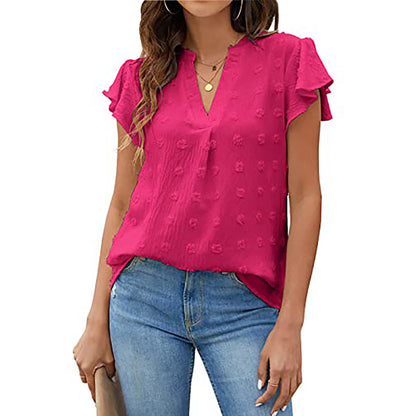 Women's Summer V Neck Ruffle Short Sleeve Blouse Business Office Casual Top Shirts