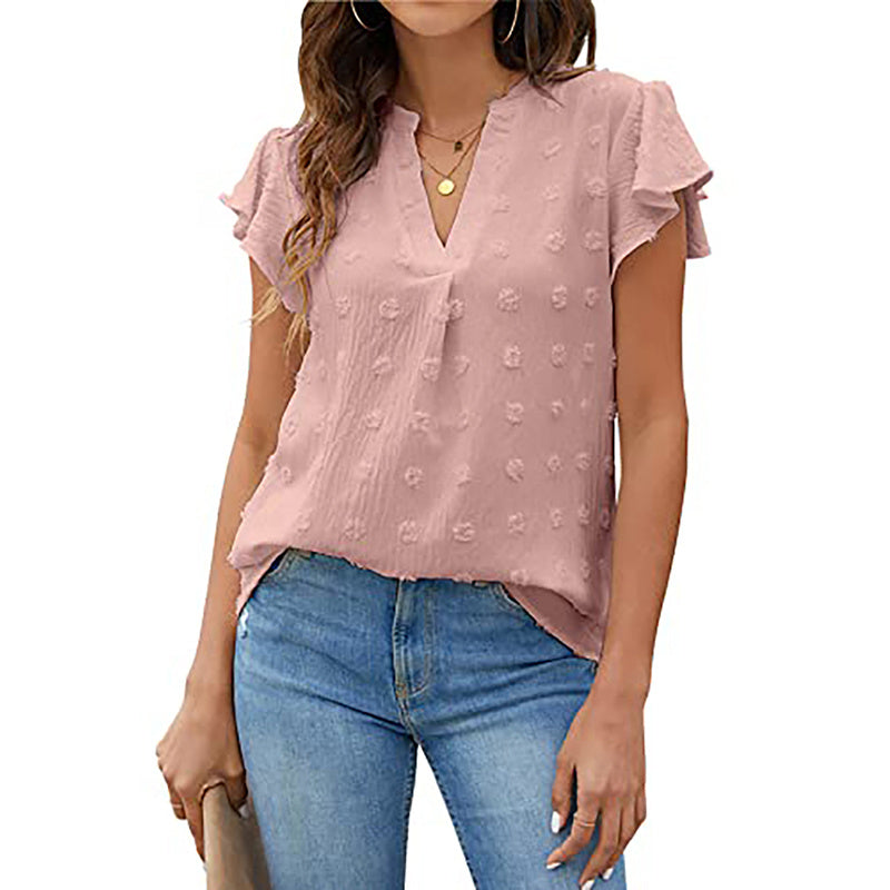 Women's Summer V Neck Ruffle Short Sleeve Blouse Business Office Casual Top Shirts