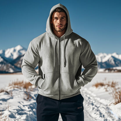 Men's Warm With Velvet Hooded Zipper Casual Sweatshirt