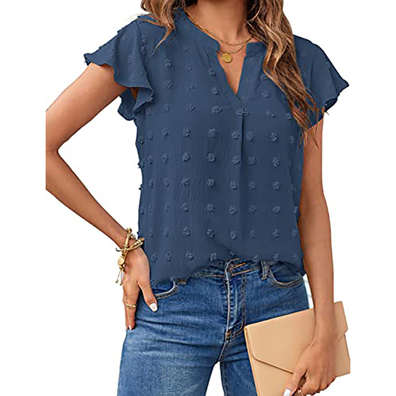 Women's Summer V Neck Ruffle Short Sleeve Blouse Business Office Casual Top Shirts