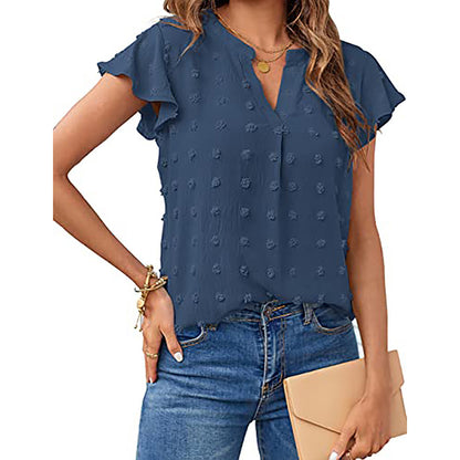 Women's Summer V Neck Ruffle Short Sleeve Blouse Business Office Casual Top Shirts