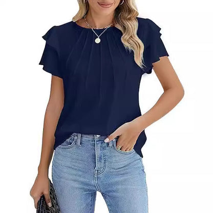 Summer Pleated Short Sleeve Round Neck Top Business Work Shirt