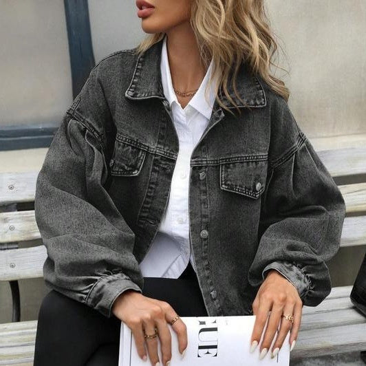 Women's Embossed Denim Jacket Fashion Casual Long Sleeve