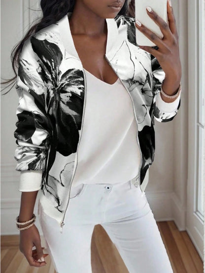 Women's Polka Dot Print Baseball Collar Casual Long Sleeve Jacket
