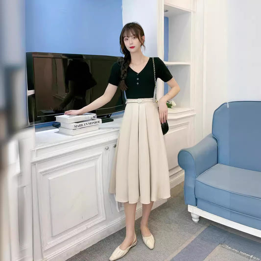 Retro High Waist A- Line Skirt Slimming Skirt Belt Attached