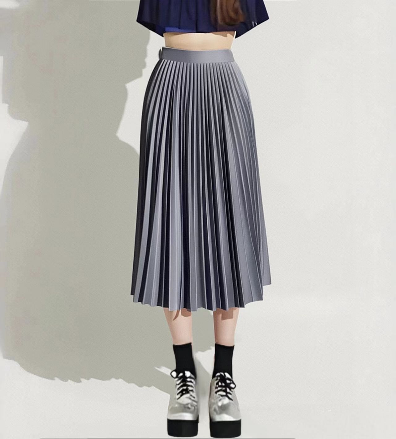 Summer Mid-length Elastic High Waist Slim-fit Pleated Skirt