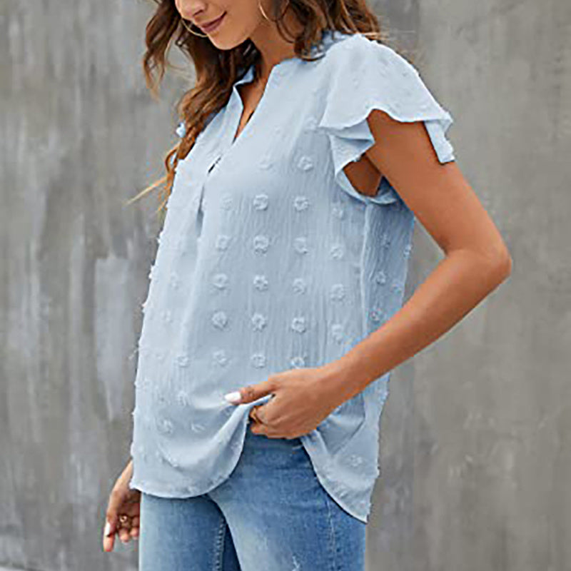 Women's Summer V Neck Ruffle Short Sleeve Blouse Business Office Casual Top Shirts
