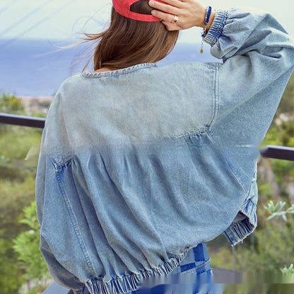 Washed Loose Round Neck Zipper Light Blue European And American Denim Jacket