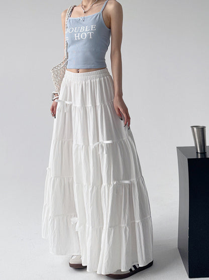 High Waist Retro Loose Bow Temperament Mid-length A- Line Skirt