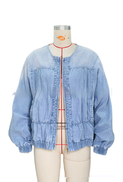 Washed Loose Round Neck Zipper Light Blue European And American Denim Jacket