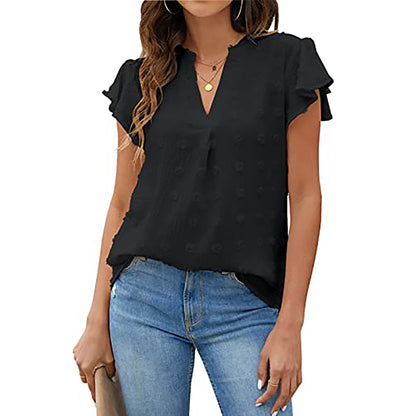 Women's Summer V Neck Ruffle Short Sleeve Blouse Business Office Casual Top Shirts