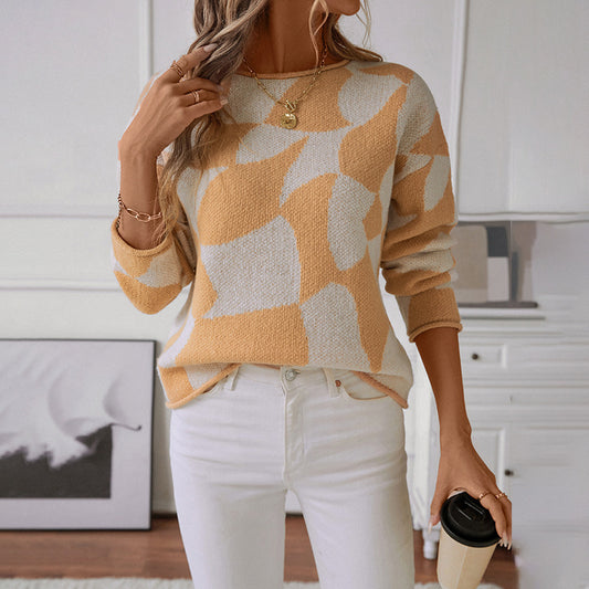 Women's Round Neck Pullover Contrast Color Knitwear Sweater