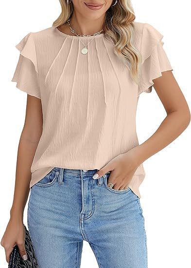 Summer Pleated Short Sleeve Round Neck Top Business Work Shirt
