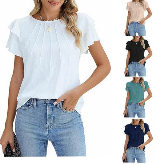 Summer Pleated Short Sleeve Round Neck Top Business Work Shirt